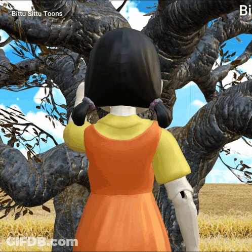 A Cartoon Doll Is Standing In Front Of A Tree With The Words Bittu Sittu Toons On The Bottom Left GIF