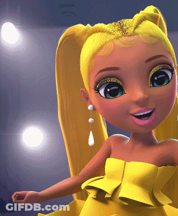 A Cartoon Doll With A Yellow Dress And Earrings GIF