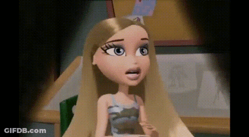 A Cartoon Doll With Long Blonde Hair And Blue Eyes Is Sitting In A Chair With Her Mouth Open . GIF