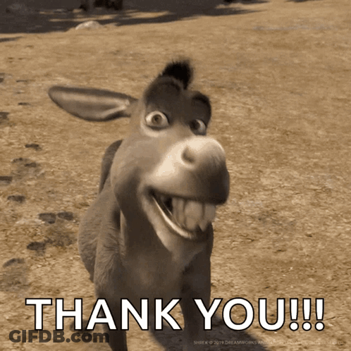 A Cartoon Donkey Is Smiling And Says Thank You !!! GIF