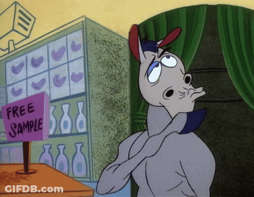A Cartoon Donkey Standing In Front Of A Free Sample Sign GIF
