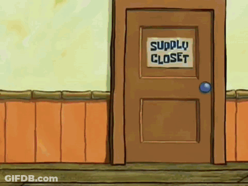 A Cartoon Door With A Sign That Says Supply Closet On It . GIF