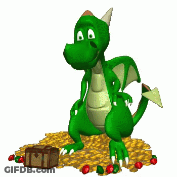 A Cartoon Dragon Is Standing Next To A Treasure Chest GIF