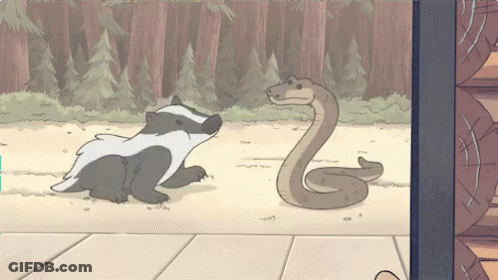 A Cartoon Drawing Of A Badger And A Snake With The Letter G In The Middle GIF