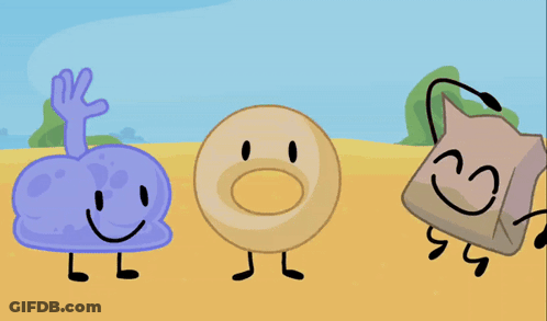 A Cartoon Drawing Of A Bag A Donut And A Purple Cloud GIF