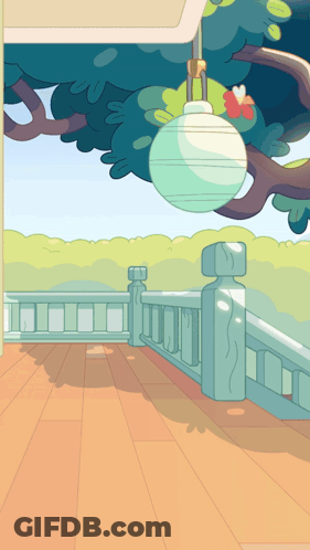 A Cartoon Drawing Of A Balcony With A Light Hanging From A Tree Branch GIF