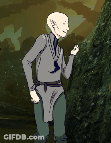 A Cartoon Drawing Of A Bald Elf Standing Next To A Large Rock GIF