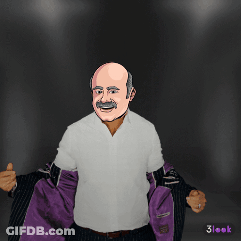 A Cartoon Drawing Of A Bald Man With A Mustache And A White Shirt With A Purple Lining GIF