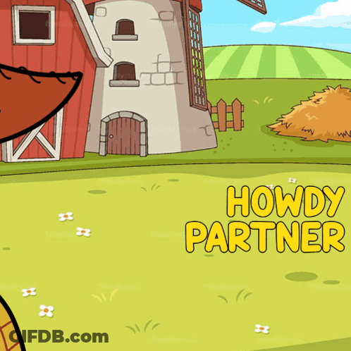 A Cartoon Drawing Of A Barn And Windmill With The Words Howdy Partner On The Bottom GIF