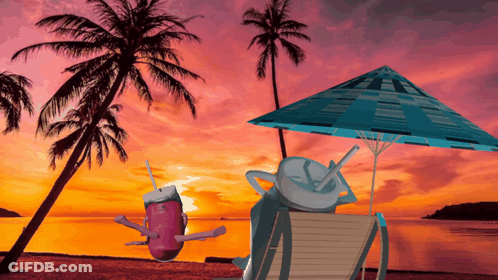 A Cartoon Drawing Of A Beach Scene With Palm Trees And Umbrella GIF