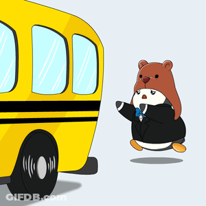 A Cartoon Drawing Of A Bear In A Tuxedo Standing Next To A School Bus GIF