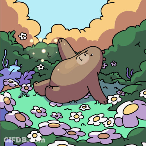 A Cartoon Drawing Of A Bear Laying On Its Back In A Field Of Flowers GIF