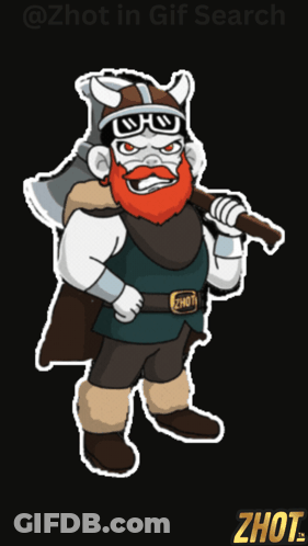 A Cartoon Drawing Of A Bearded Man Holding An Axe With The Word Zhot On The Bottom Right GIF