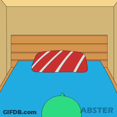 A Cartoon Drawing Of A Bed With A Red And White Striped Blanket And The Word Abster At The Bottom GIF