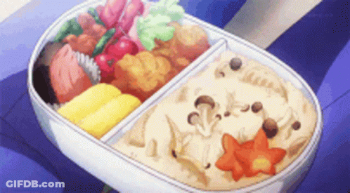A Cartoon Drawing Of A Bento Box Filled With Food And Vegetables . GIF