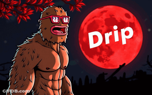 A Cartoon Drawing Of A Bigfoot With The Word Drip In White GIF