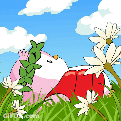 A Cartoon Drawing Of A Bird Laying In A Field Of Daisies GIF