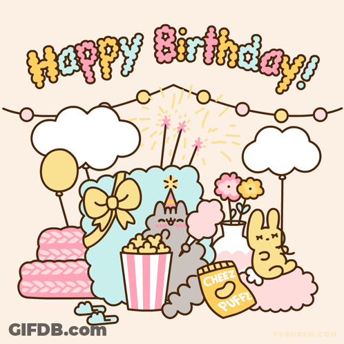 A Cartoon Drawing Of A Birthday Party With Cheez Puffs And Cotton Candy GIF