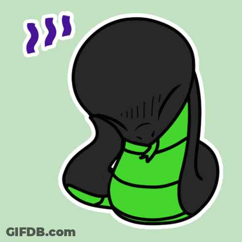 A Cartoon Drawing Of A Black And Green Snake With A Purple Sticker Above It GIF