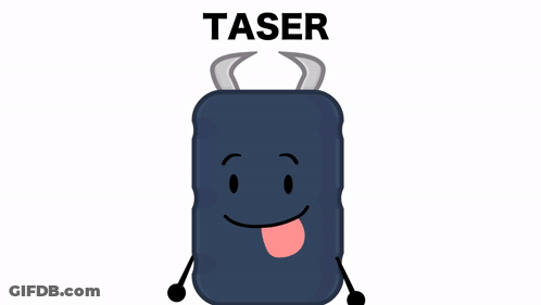 A Cartoon Drawing Of A Black Suitcase With Horns And A Face And The Word Taser Above It GIF