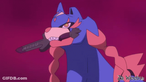 A Cartoon Drawing Of A Blue And Pink Monster With A Sword In Its Mouth . GIF