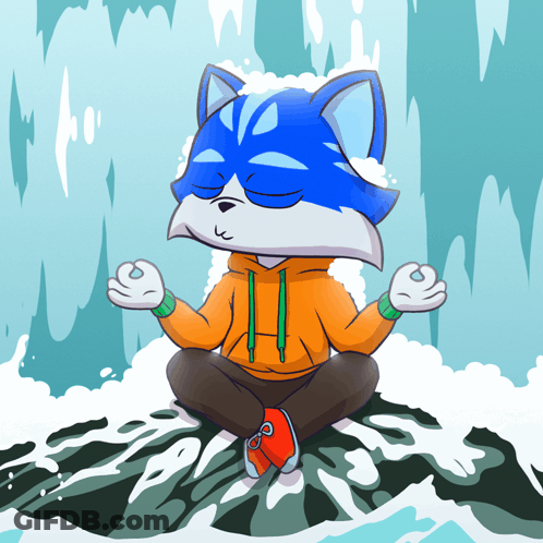 A Cartoon Drawing Of A Blue And White Cat Meditating In Front Of A Waterfall GIF