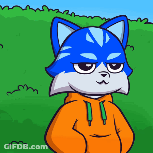 A Cartoon Drawing Of A Blue And White Cat Wearing An Orange Hoodie GIF