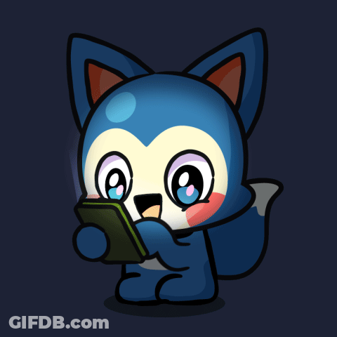 A Cartoon Drawing Of A Blue Animal Looking At A Cell Phone GIF