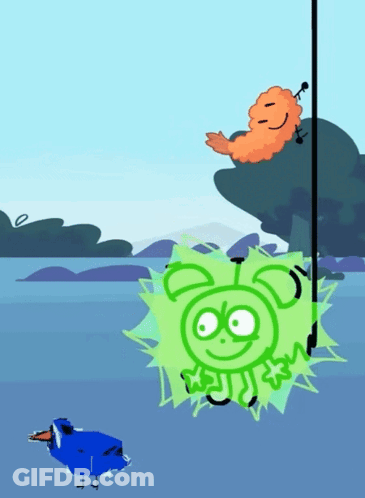 A Cartoon Drawing Of A Blue Bird Looking At A Green Object GIF