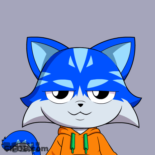 A Cartoon Drawing Of A Blue Cat Wearing An Orange Hoodie With Green Strings GIF