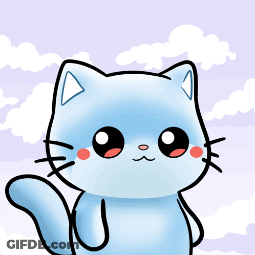 A Cartoon Drawing Of A Blue Cat With A Cloudy Background GIF