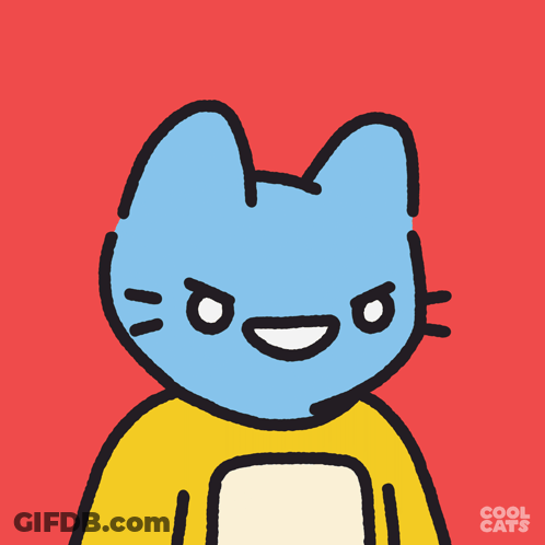 A Cartoon Drawing Of A Blue Cat With A Yellow Shirt And The Words Cool Cats On The Bottom GIF