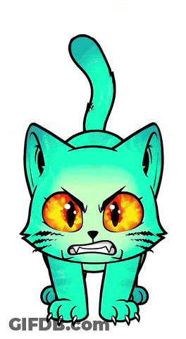 A Cartoon Drawing Of A Blue Cat With Orange Eyes And Sharp Claws GIF
