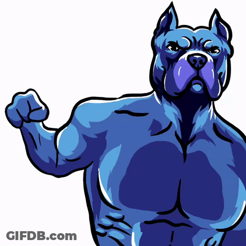 A Cartoon Drawing Of A Blue Dog Flexing His Muscles GIF