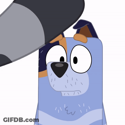 A Cartoon Drawing Of A Blue Dog With A Hat On Its Head GIF
