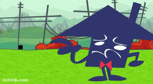 A Cartoon Drawing Of A Blue House With A Sad Face GIF