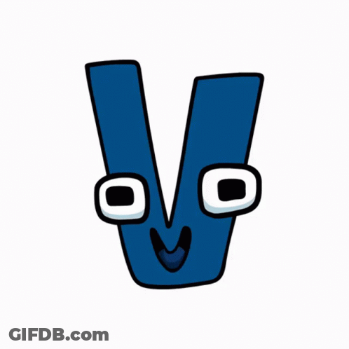 A Cartoon Drawing Of A Blue Letter V With Eyes And Mouth GIF