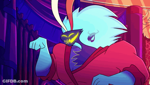 A Cartoon Drawing Of A Blue Monster Wearing A Red Robe GIF
