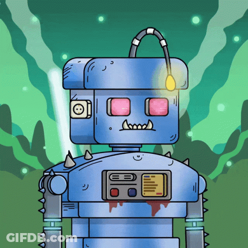 A Cartoon Drawing Of A Blue Robot With Spikes On Its Arms GIF