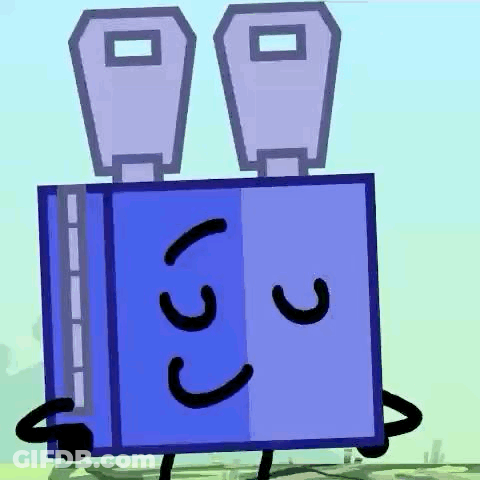 A Cartoon Drawing Of A Blue Toaster With Two Keys On It 'S Head . GIF