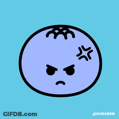 A Cartoon Drawing Of A Blueberry With An Angry Face On A Blue Background GIF