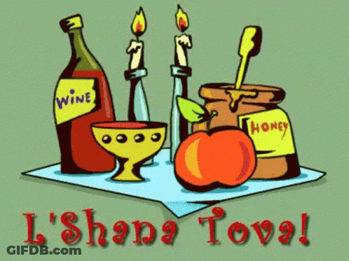 A Cartoon Drawing Of A Bottle Of Wine A Cup Of Wine An Apple A Jar Of Honey And Two Candles GIF