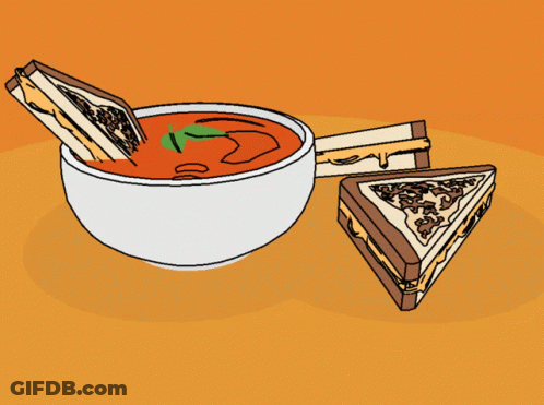 A Cartoon Drawing Of A Bowl Of Soup And Two Sandwiches GIF