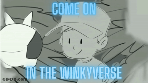 A Cartoon Drawing Of A Boy And A Cat With The Words Come On In The Winkyverse GIF