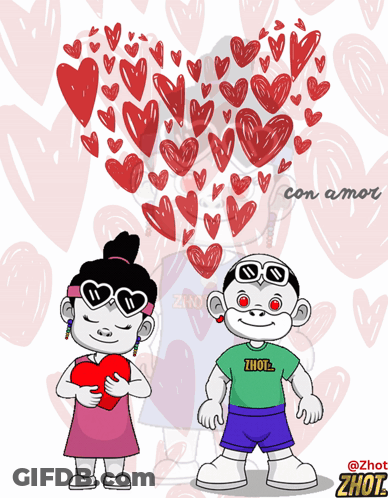 A Cartoon Drawing Of A Boy And A Girl Holding A Heart With The Words Con Amor Written Above Them GIF