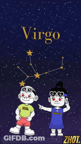 A Cartoon Drawing Of A Boy And A Girl Standing Under The Virgo Constellation GIF