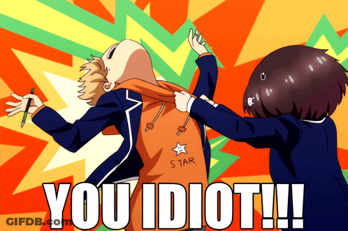 A Cartoon Drawing Of A Boy And A Girl With The Words You Idiot Written On The Bottom GIF