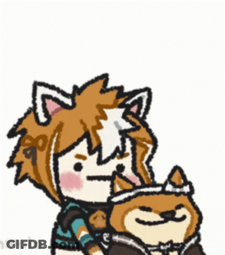 A Cartoon Drawing Of A Boy Holding A Dog With A Cat 'S Ears On It GIF