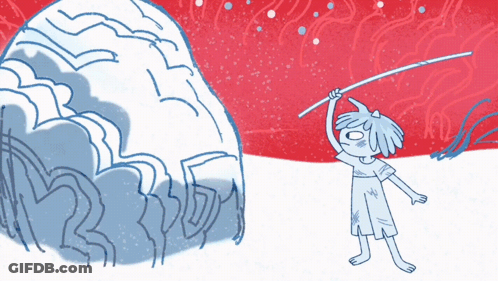 A Cartoon Drawing Of A Boy Holding A Stick In Front Of An Igloo GIF