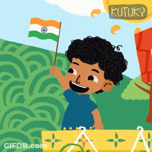 A Cartoon Drawing Of A Boy Holding An Indian Flag With A Sign That Says Kutuk On It GIF